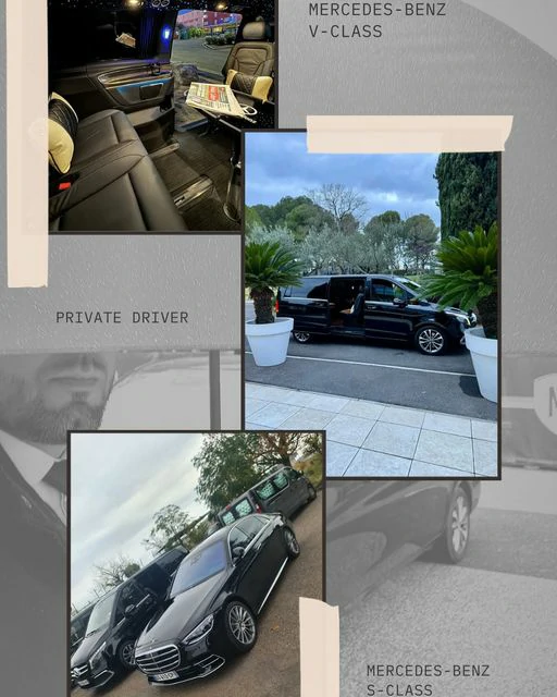 Collage de trois photos présentant des véhicules Mercedes-Benz. En haut, l'intérieur d'une classe V avec éclairage d'ambiance et sièges en cuir, au milieu, une classe V garée à l'extérieur avec les portes ouvertes, et en bas, une vue en angle d'une classe S. Des textes incluent "PRIVATE DRIVER" et les modèles des véhicules.